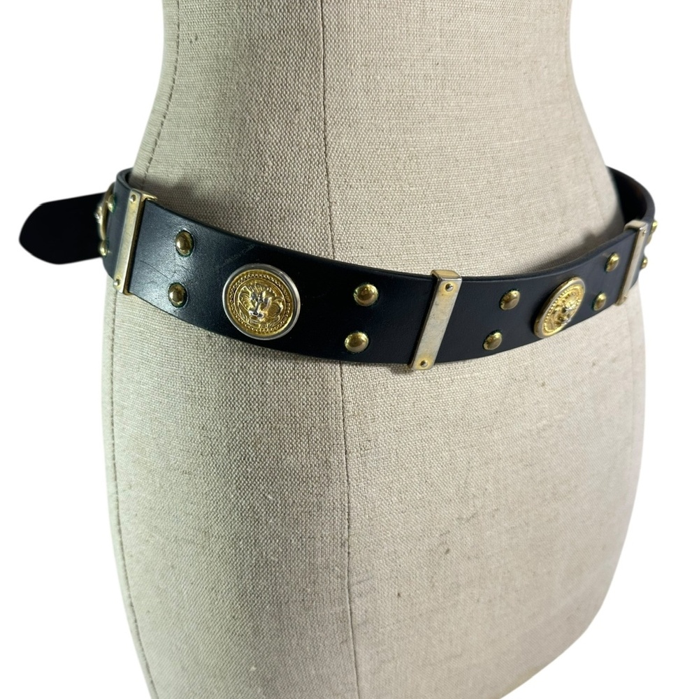 Vintage CODE AZURE Black Genuine Leather Belt with Studs and Lion 34 Unisex